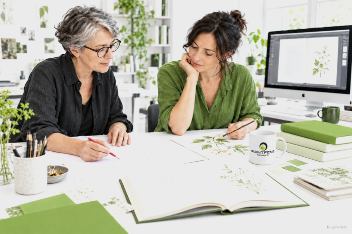 POINTFENG Verlag - Zwei Frauen bearbeiten ein Manuskript und botanische Illustrationen für ein Buch